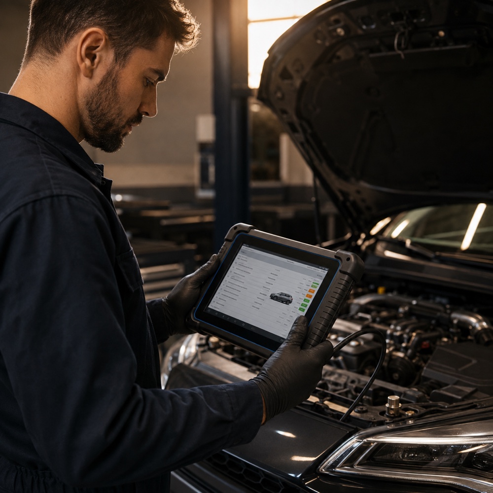 Mecánico revisando un coche con tablet de diagnóstico